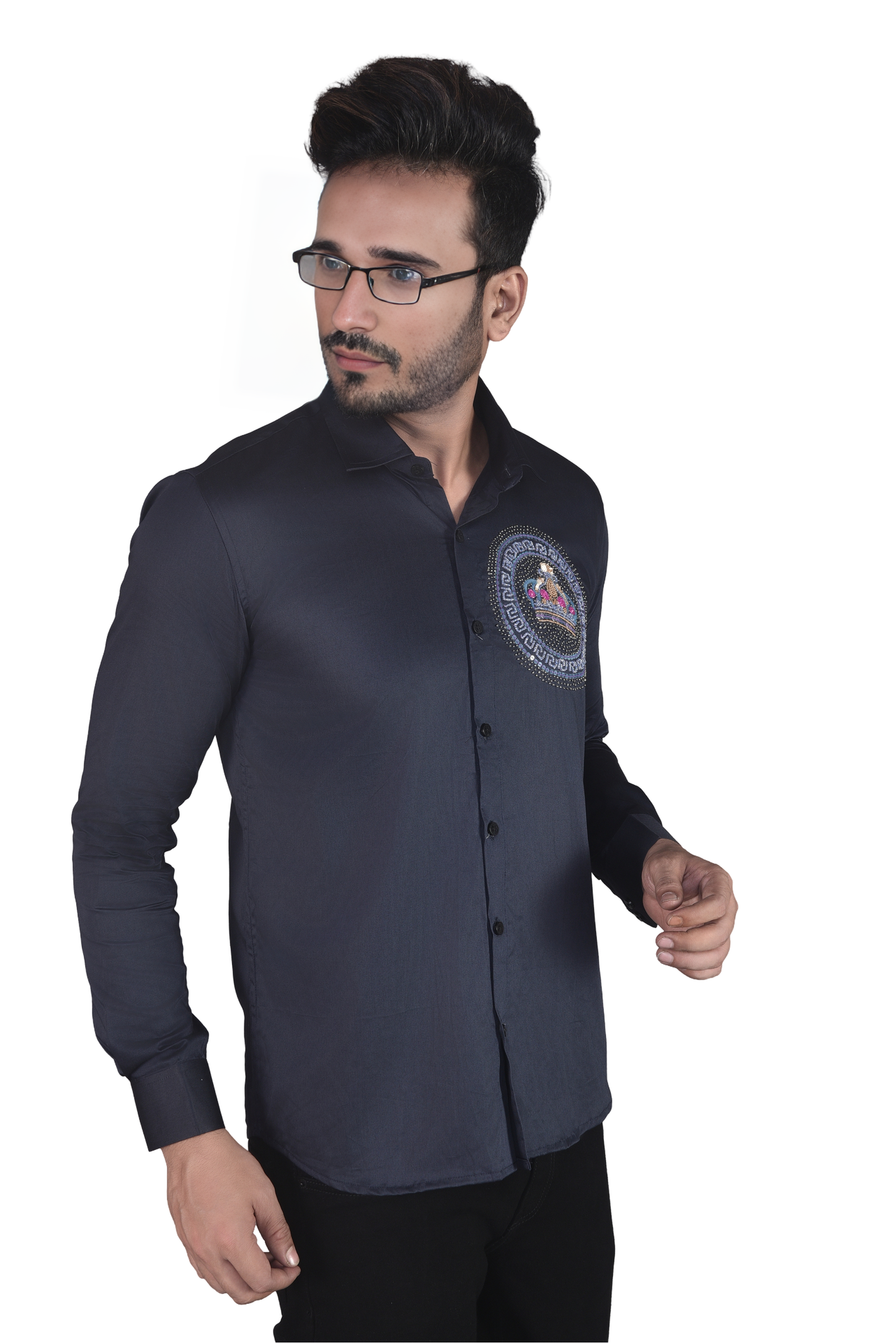 CROWN EMBROIDERED IN NAVY BLUE SHIRT