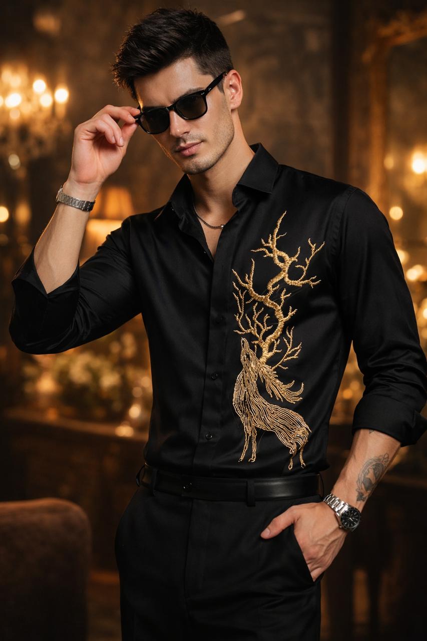 A REINDEER HAND EMBROIDERED ON A BLACK SHIRT