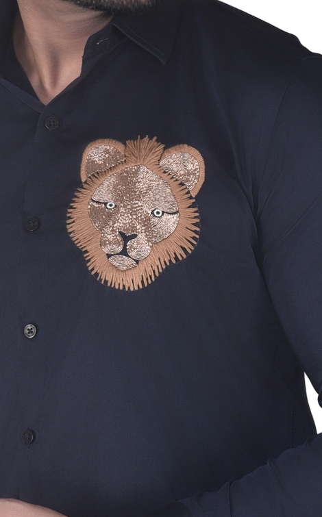 HAND MADE LION EMBROIDERY PARTY WEAR BLUE SHIRT