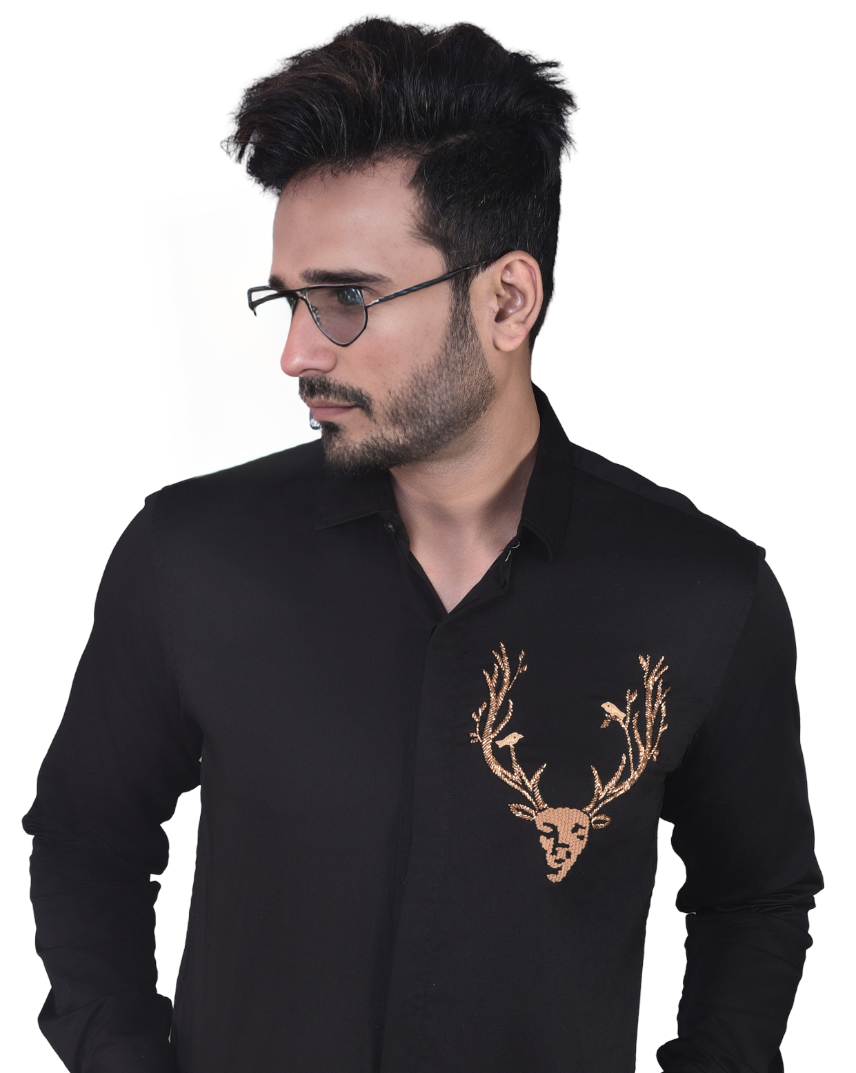 REINDEER EMBROIDERED ON A BLACK SHIRT