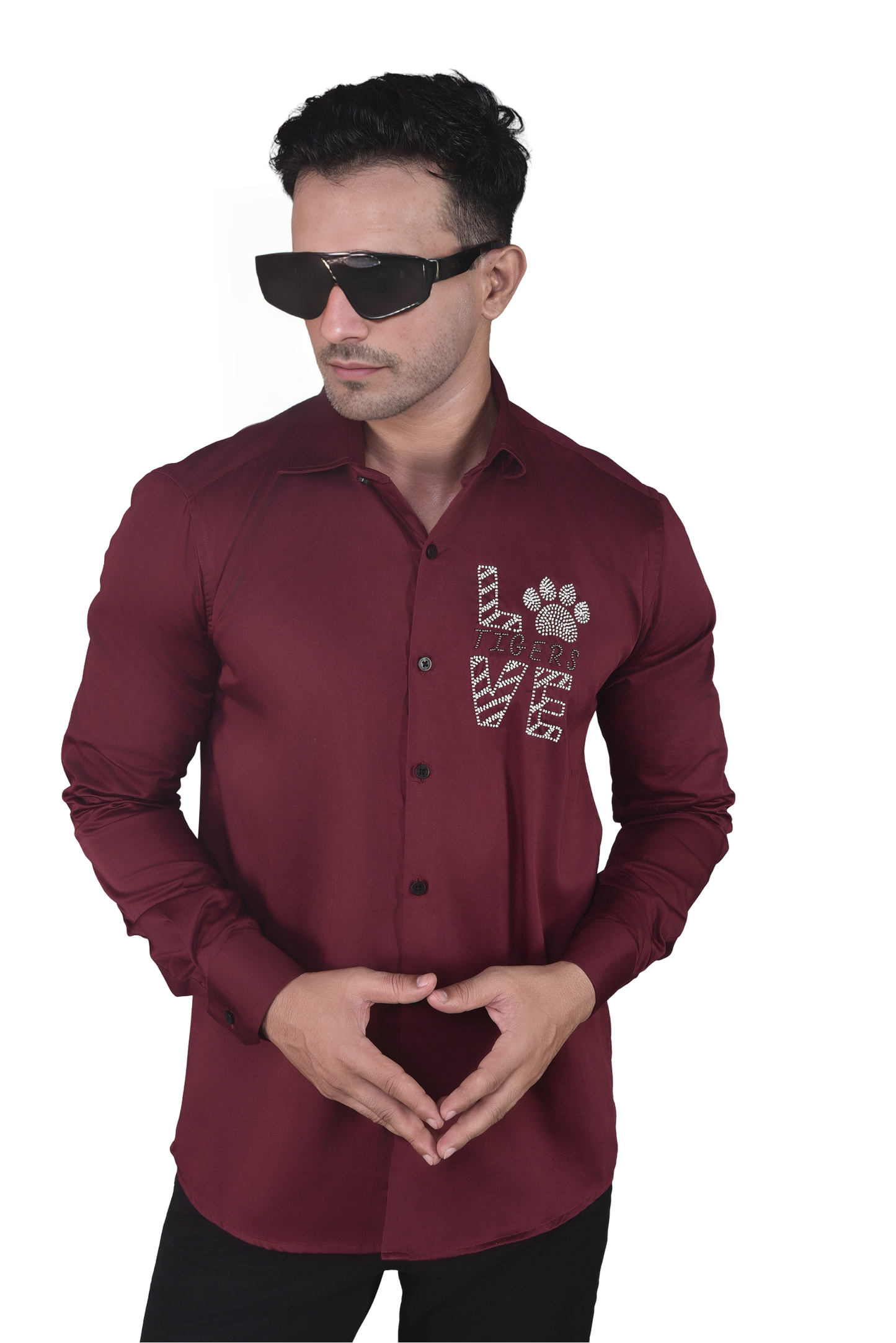 LOVE EMBROIDERED ON A MAROON SHIRT