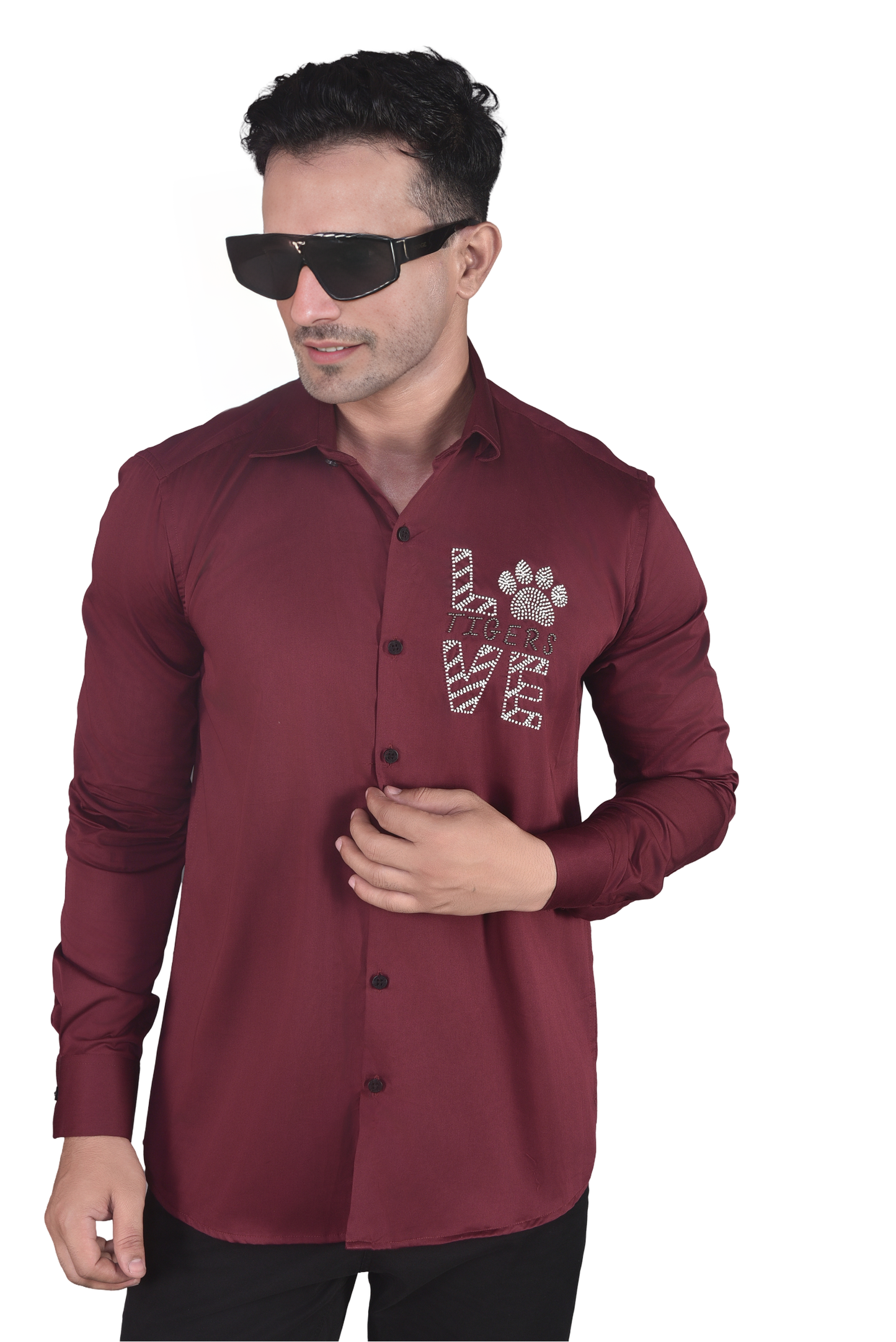 LOVE EMBROIDERED ON A MAROON SHIRT