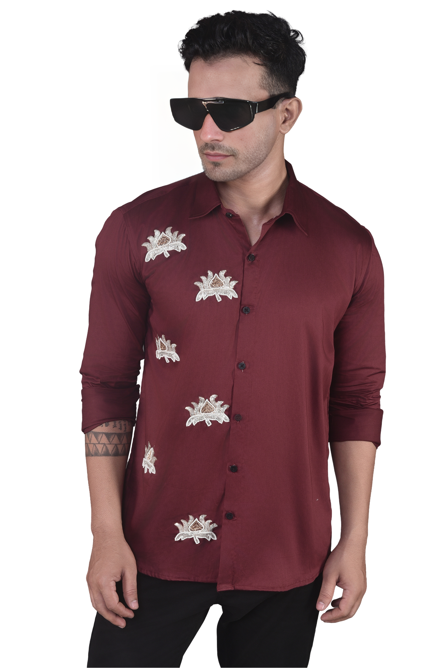 LOTUS FLOWERS BEAUTIFULLY EMBROIDRED ON A MAROON SHIRT