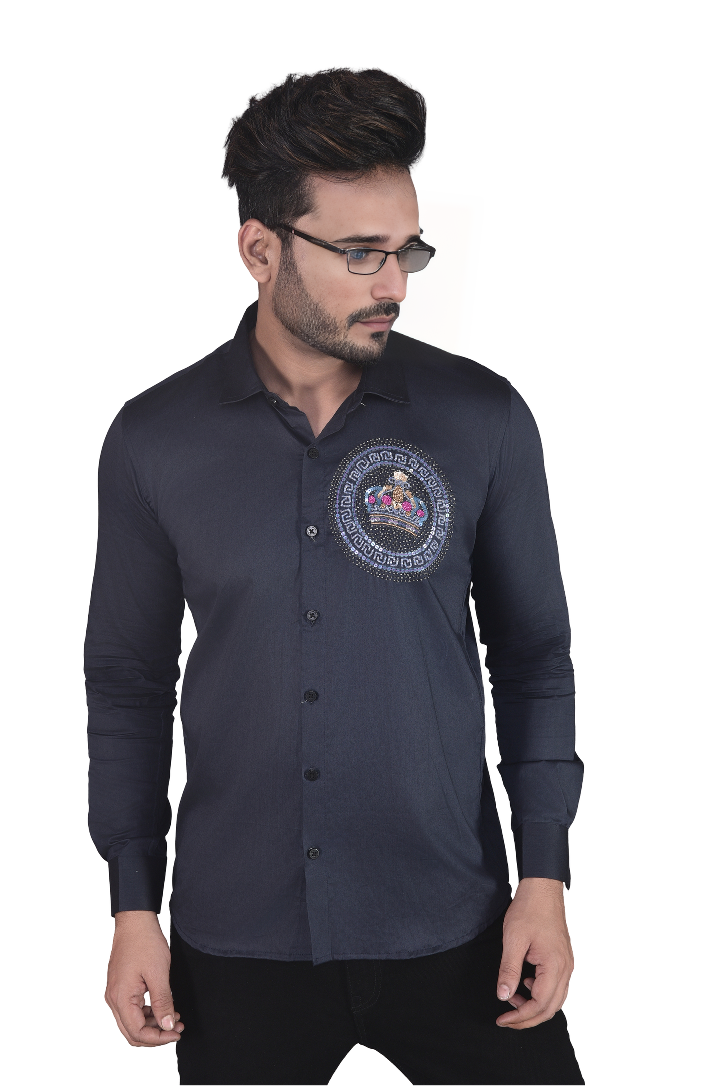 CROWN EMBROIDERED IN NAVY BLUE SHIRT