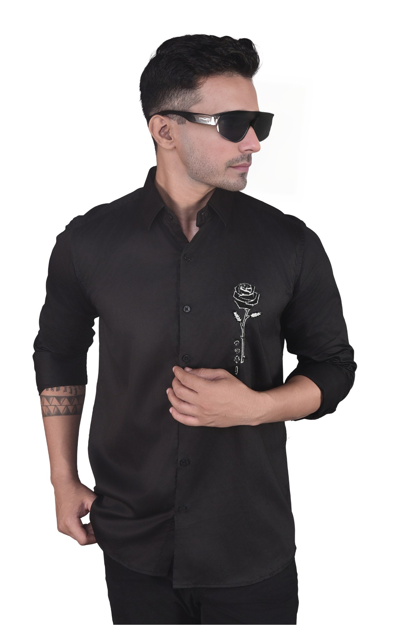 BLACK ROSE EMBROIDERY ON SHIRT