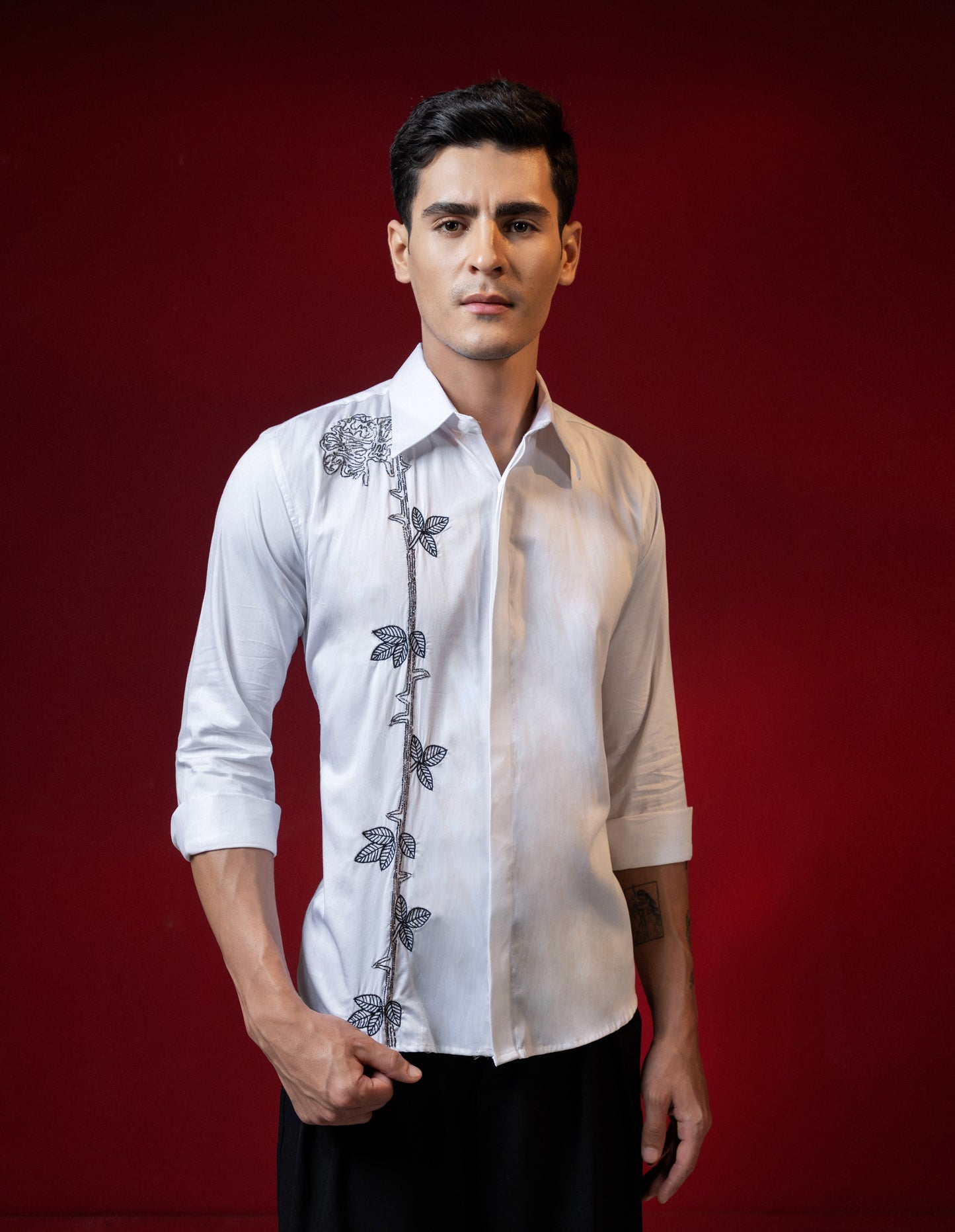HANDMADE EMBROIDERY FLOWER PETALS SHIRT IN COTTON SATIN FABRIC