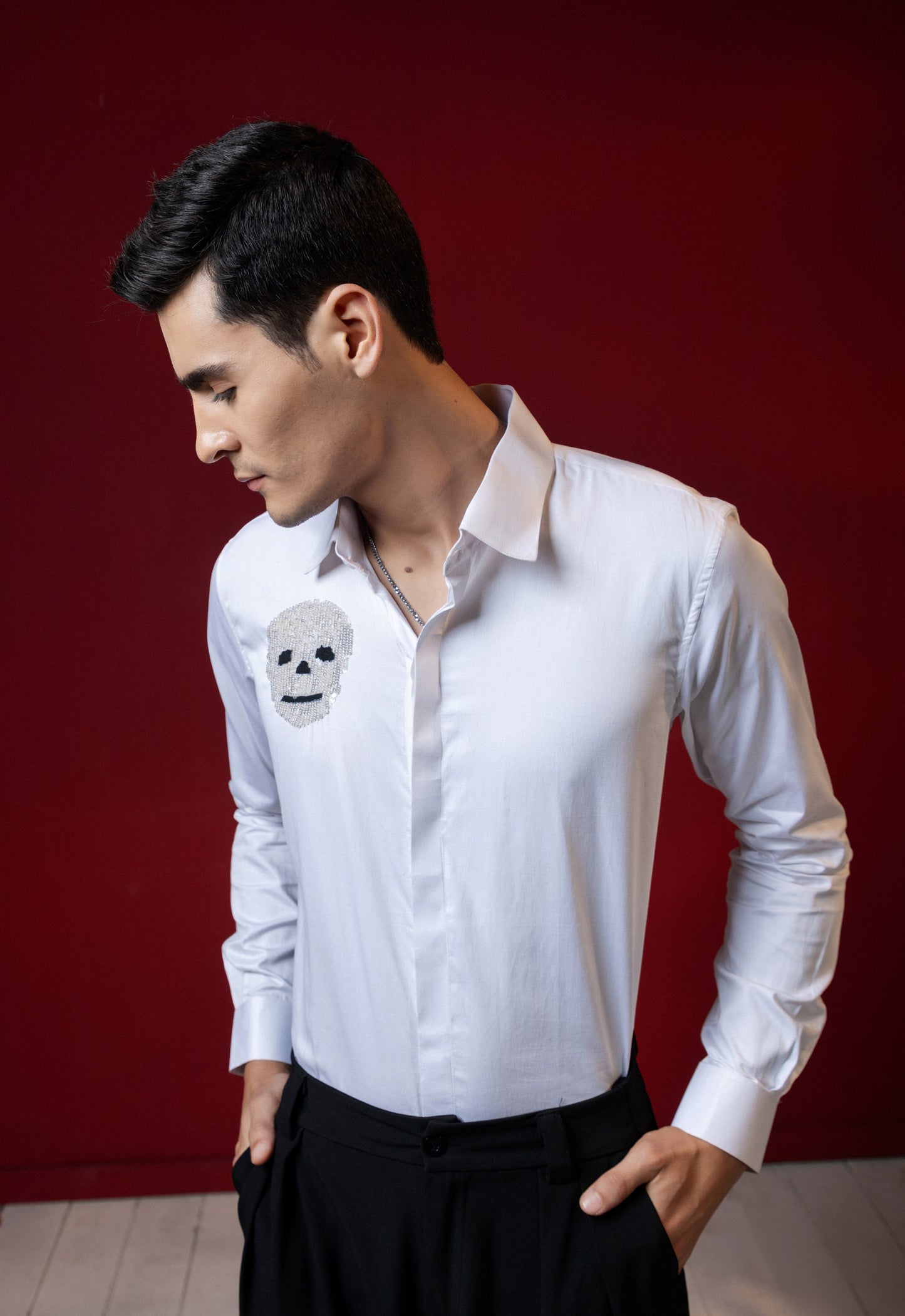 FUNKY SKULL EMBROIDERED ON A WHITE SHIRT