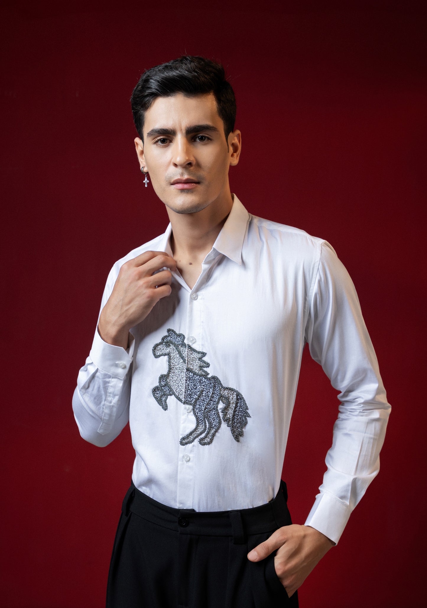 HORSE EMBROIDERED ON A WHITE SHIRT