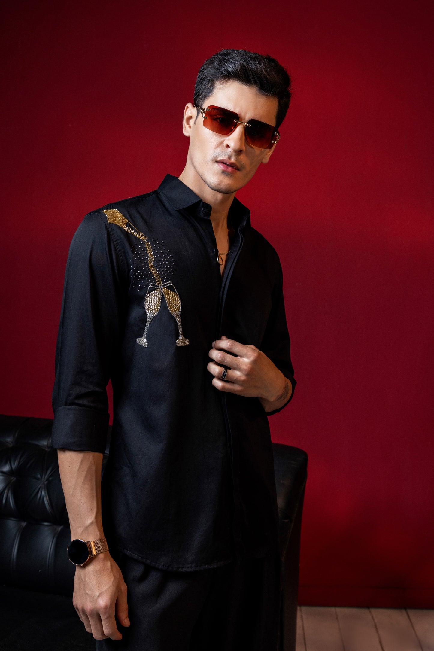 A PARTY WEAR SHIRT WITH GLASSES AND DRINKS HAND EMBROIDERED