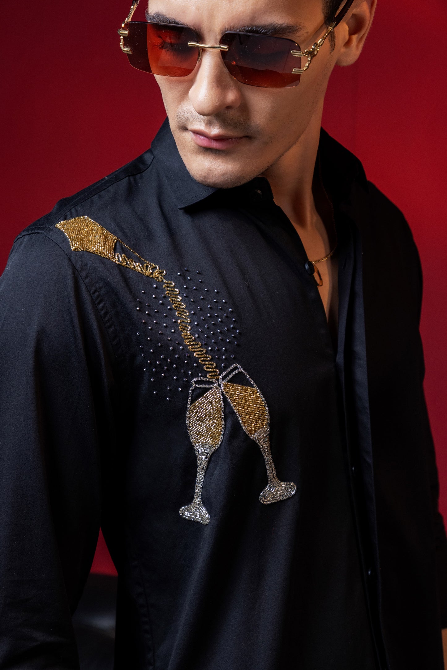 A PARTY WEAR SHIRT WITH GLASSES AND DRINKS HAND EMBROIDERED