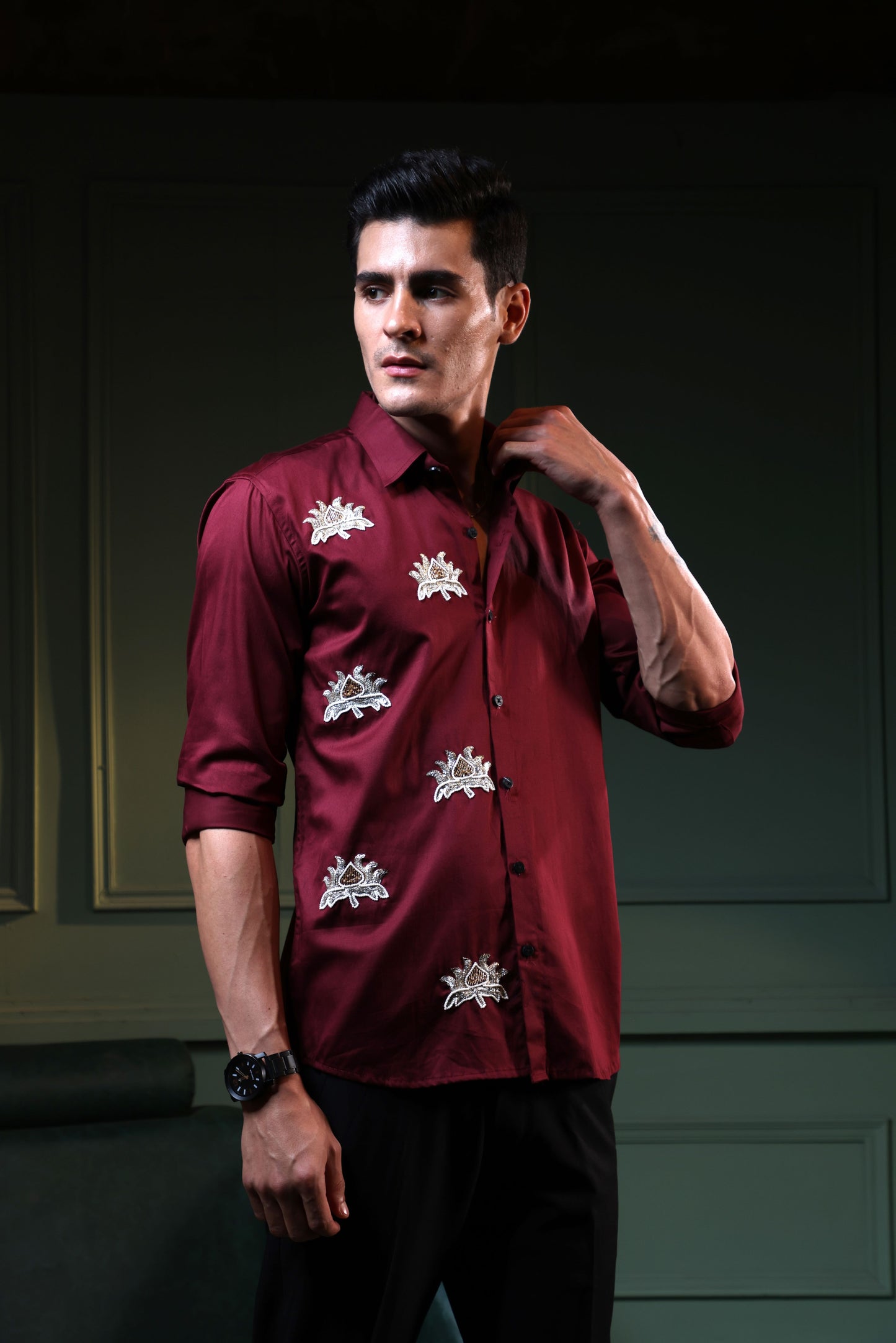 "LOTUS FLOWERS" BEAUTIFULLY EMBROIDRED ON A MAROON SHIRT