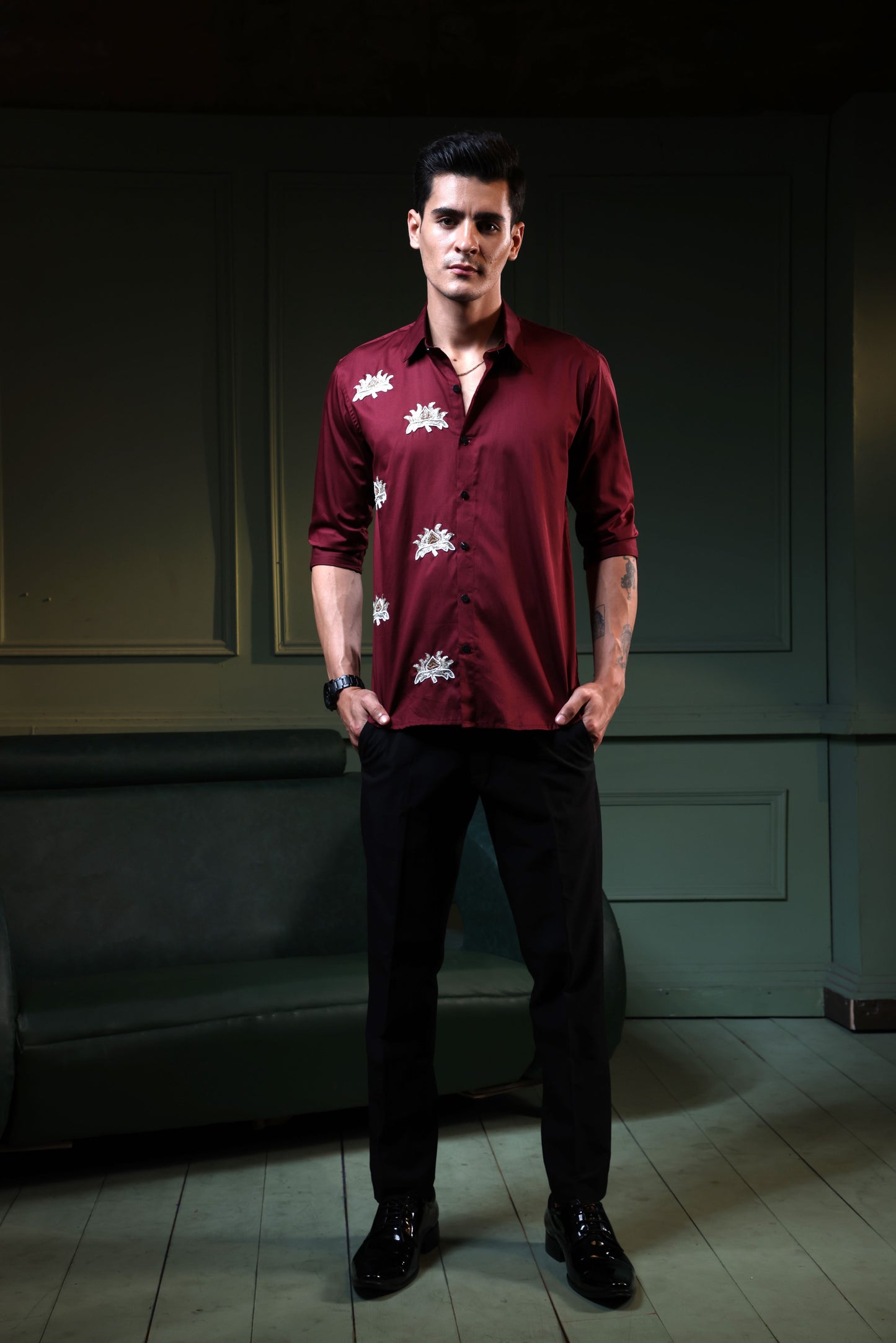 "LOTUS FLOWERS" BEAUTIFULLY EMBROIDRED ON A MAROON SHIRT