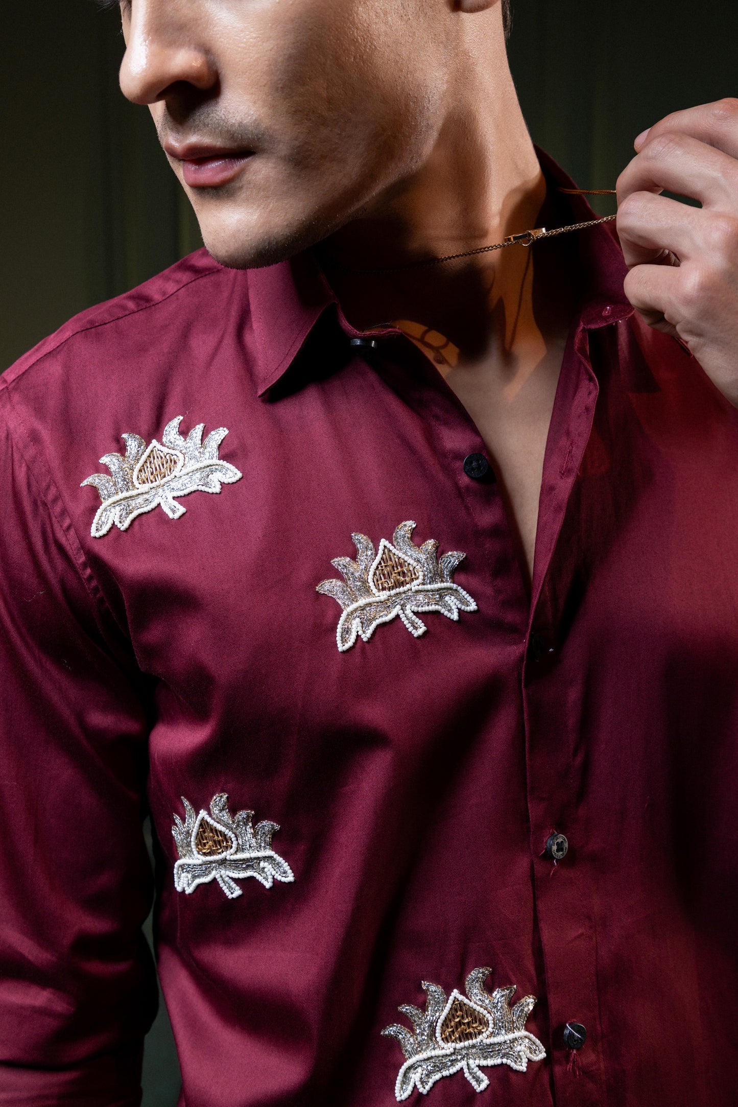"LOTUS FLOWERS" BEAUTIFULLY EMBROIDRED ON A MAROON SHIRT