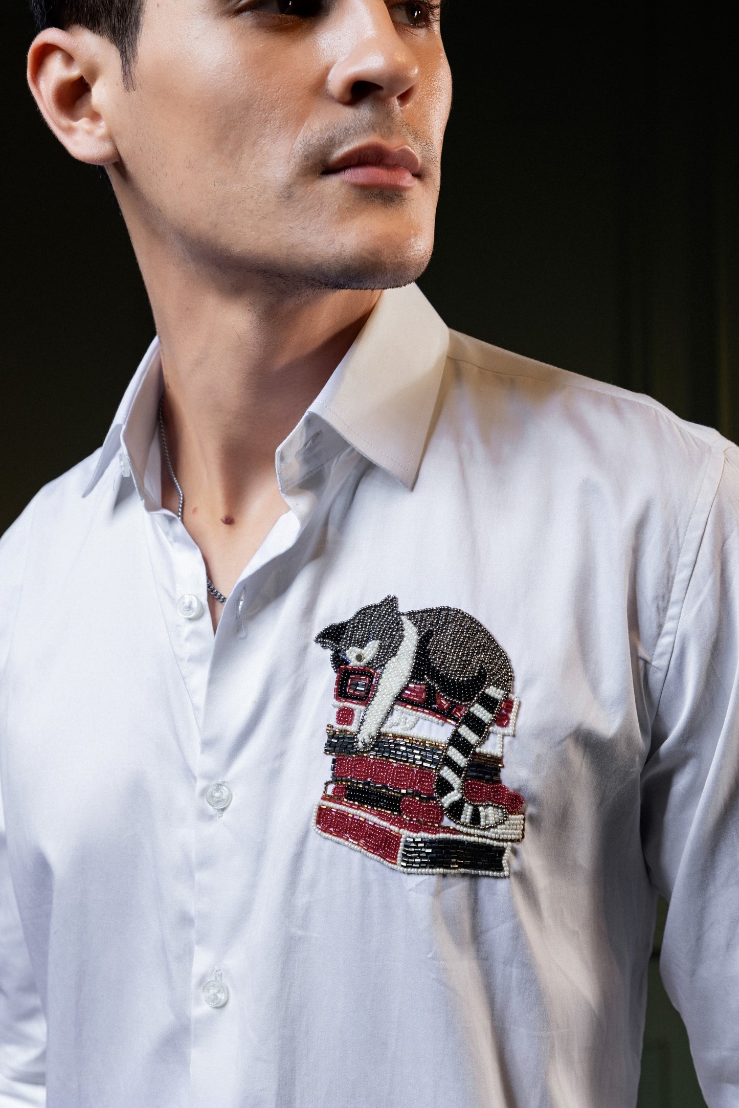 "CATS ON BOOKS" HANDCRAFTED ON A WHITE SHIRT
