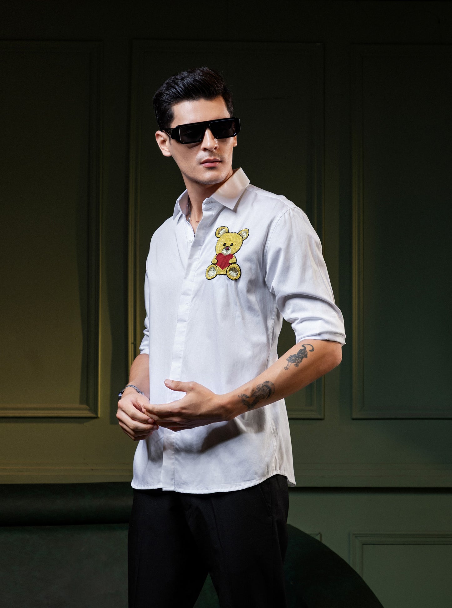 "TEDDY BEAR" EMBROIDERED ON A WHITE SHIRT