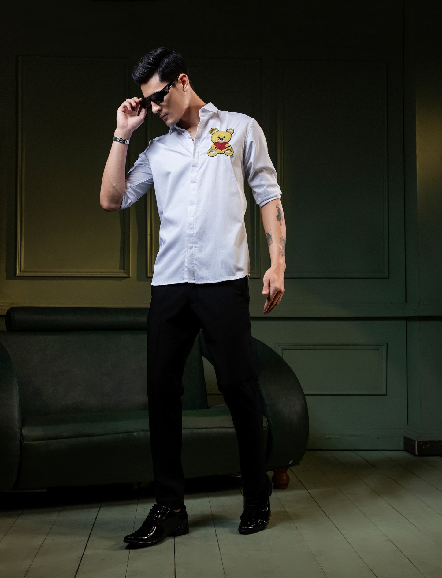 "TEDDY BEAR" EMBROIDERED ON A WHITE SHIRT