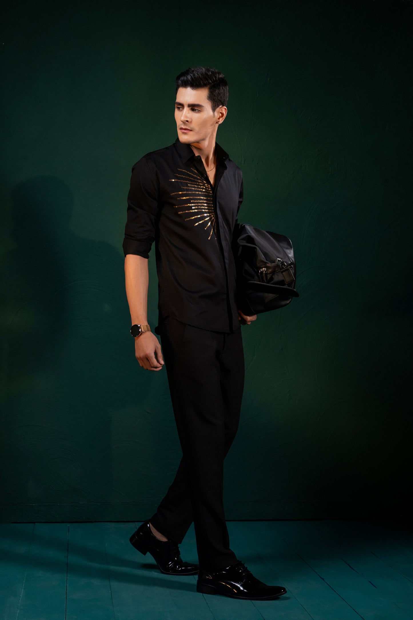 "LINE PATTERN" EMBROIDERED ON A BLACK SHIRT