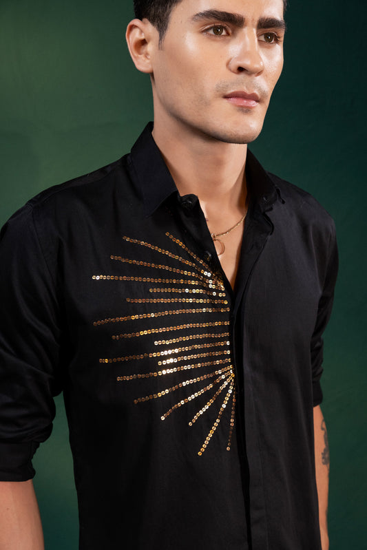 "LINE PATTERN" EMBROIDERED ON A BLACK SHIRT