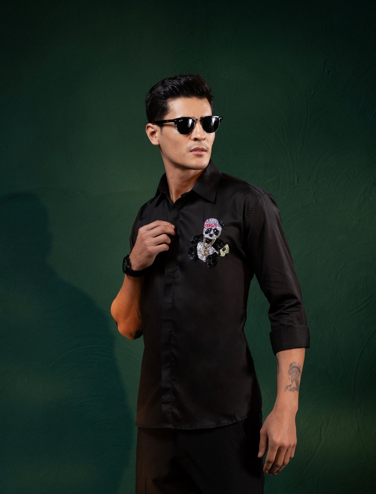 "HAND MADE EMBROIDERY PANDA DESIGNED IN BLACK"