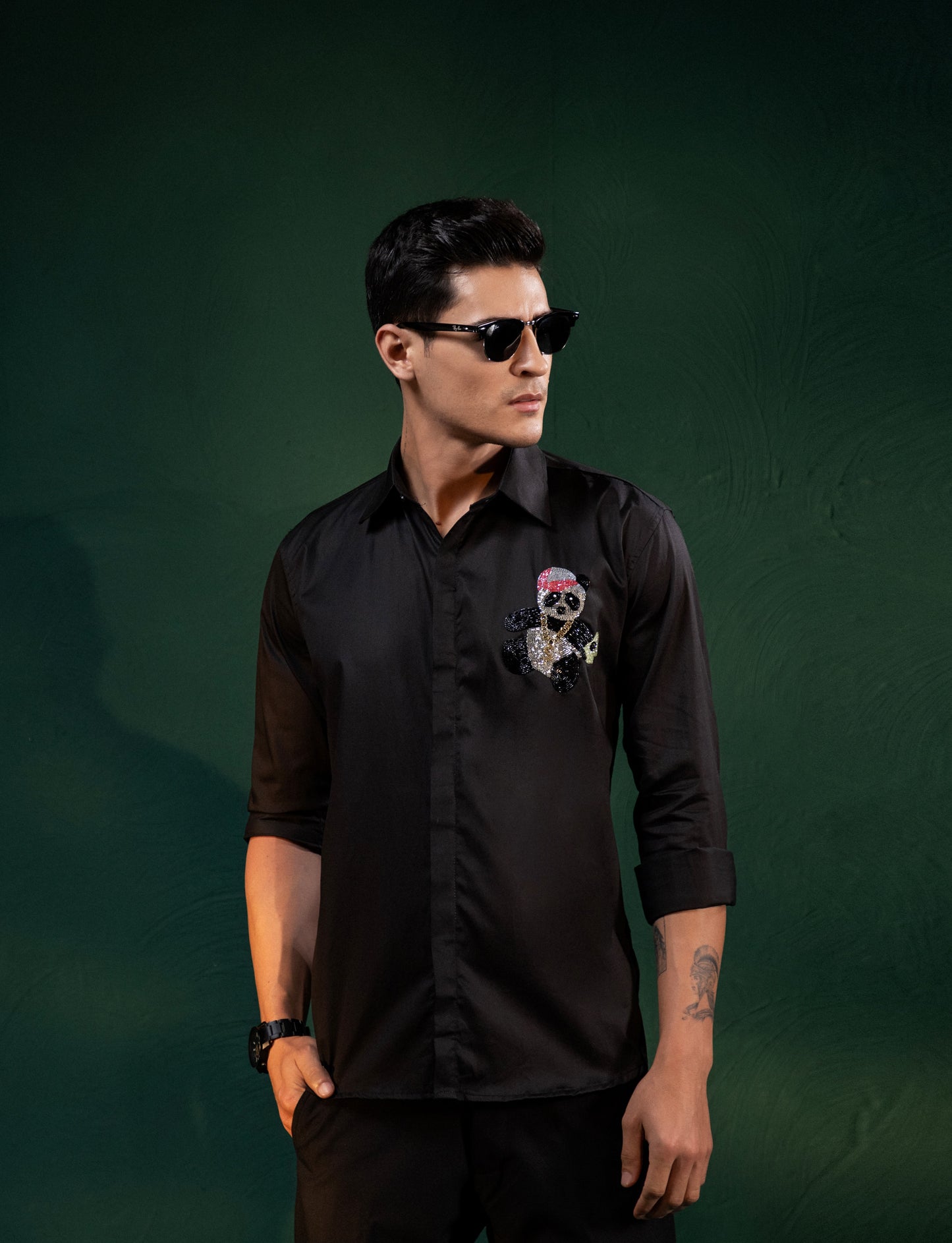 "HAND MADE EMBROIDERY PANDA DESIGNED IN BLACK"