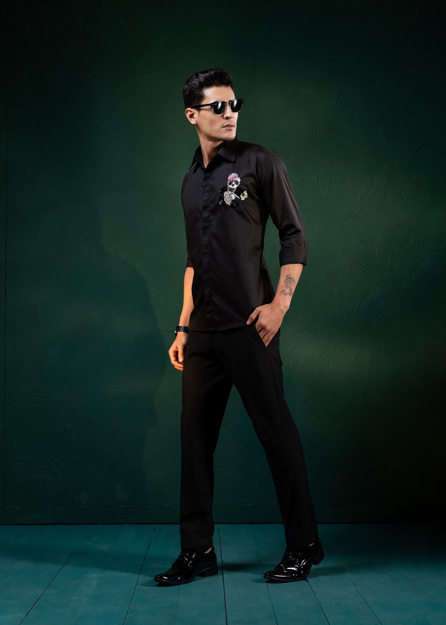"HAND MADE EMBROIDERY PANDA DESIGNED IN BLACK"