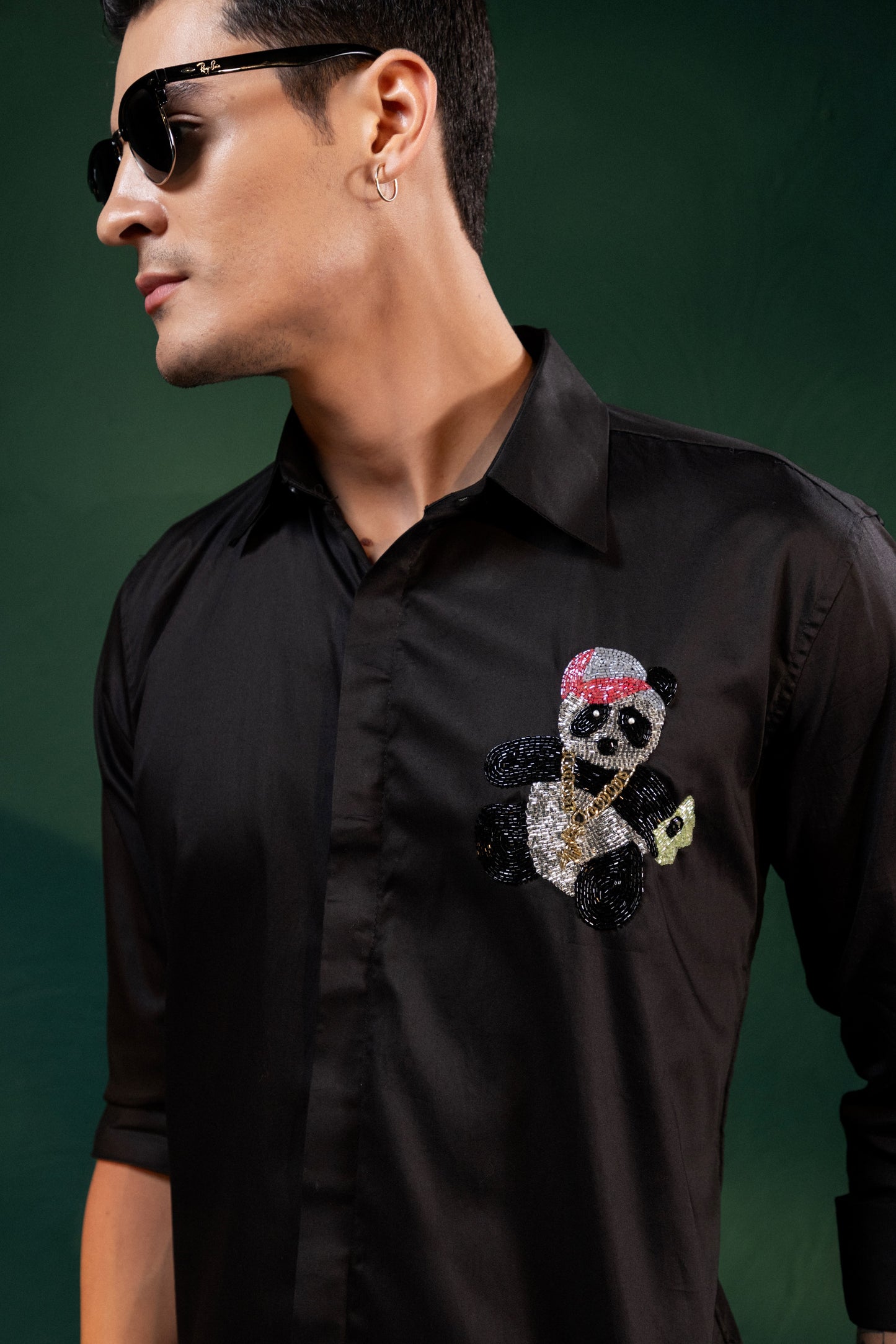 "HAND MADE EMBROIDERY PANDA DESIGNED IN BLACK"