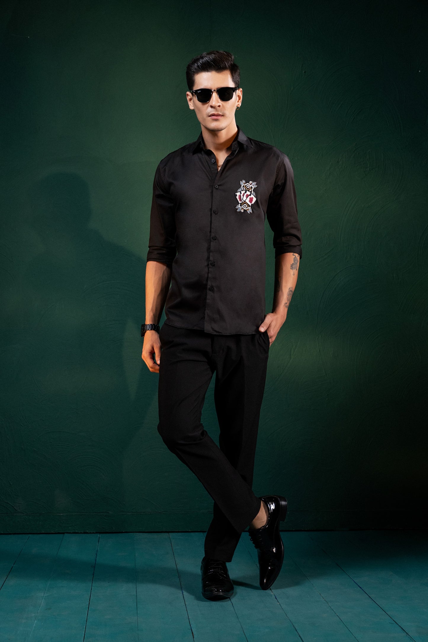 "CARD DECK" EMBROIDERED ON A BLACK PARTY WEAR SHIRT