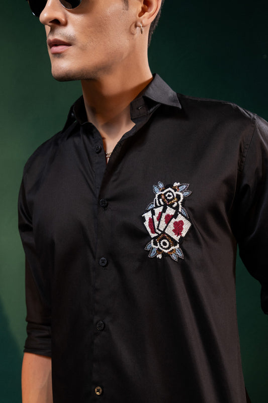 "CARD DECK" EMBROIDERED ON A BLACK PARTY WEAR SHIRT