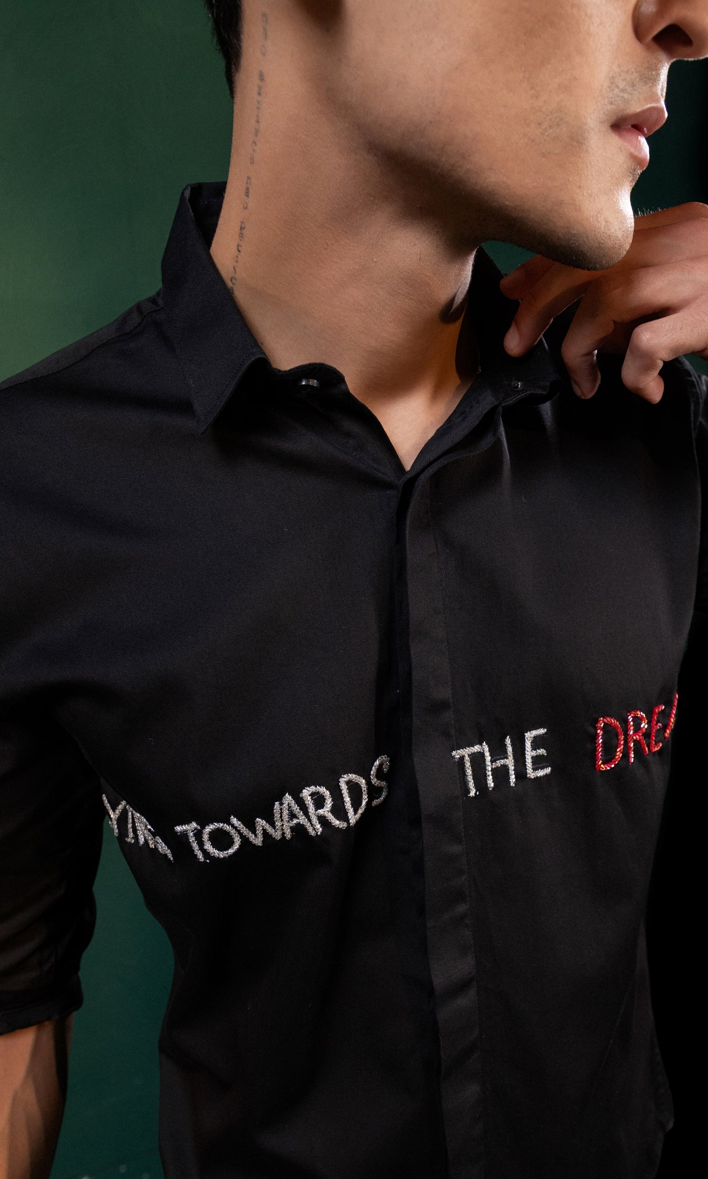 "FLYING TOWARDS THE DREAM" EMBROIDERED ON A SHIRT