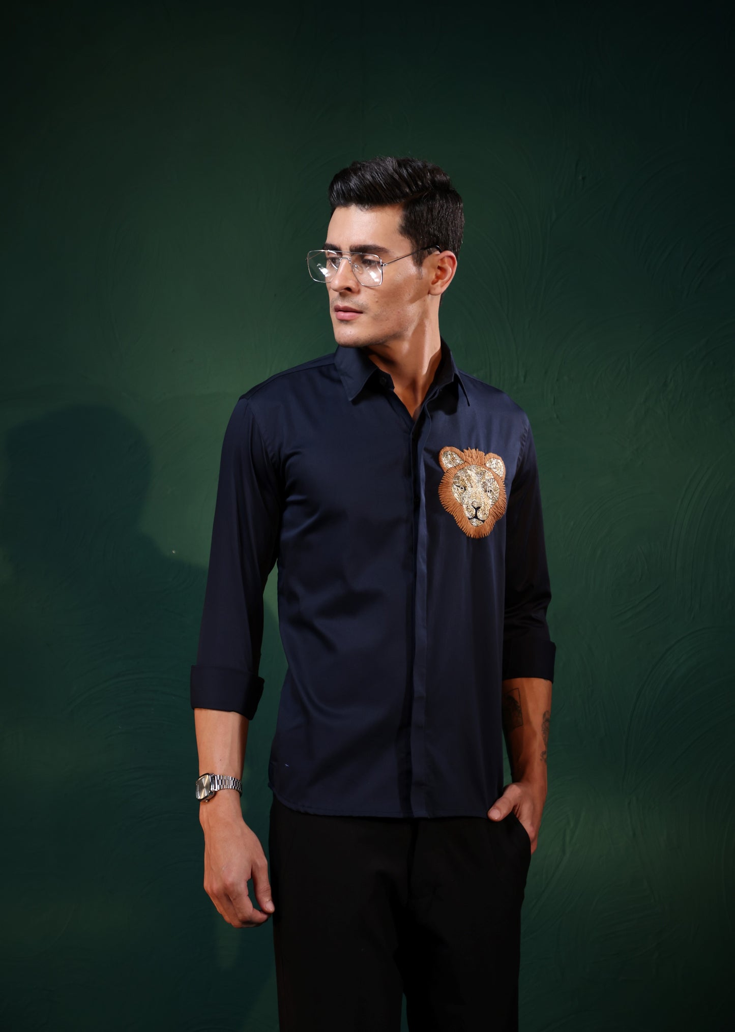 "HAND MADE LION EMBROIDERY PARTY WEAR BLUE SHIRT"
