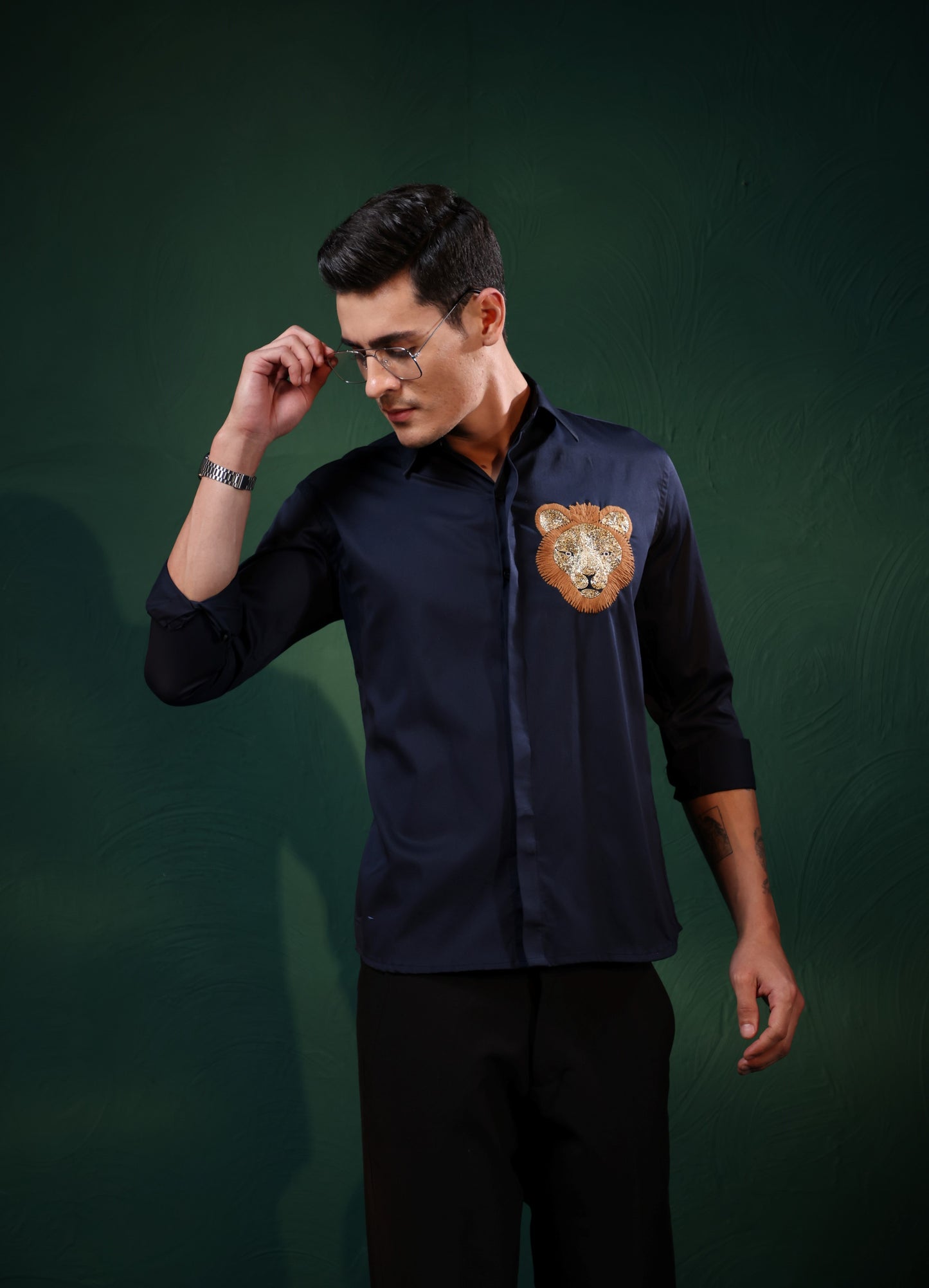 "HAND MADE LION EMBROIDERY PARTY WEAR BLUE SHIRT"