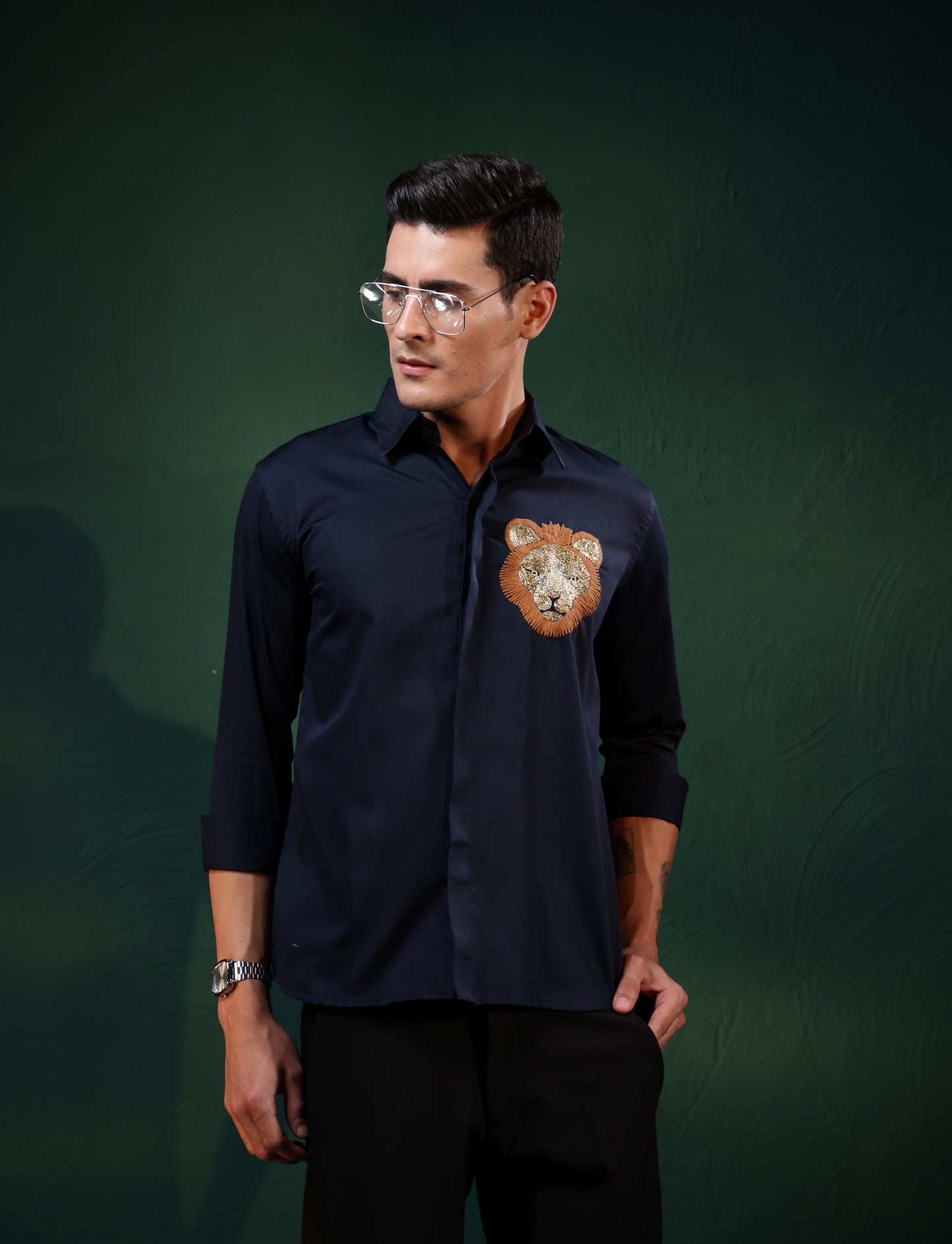 "HAND MADE LION EMBROIDERY PARTY WEAR BLUE SHIRT"