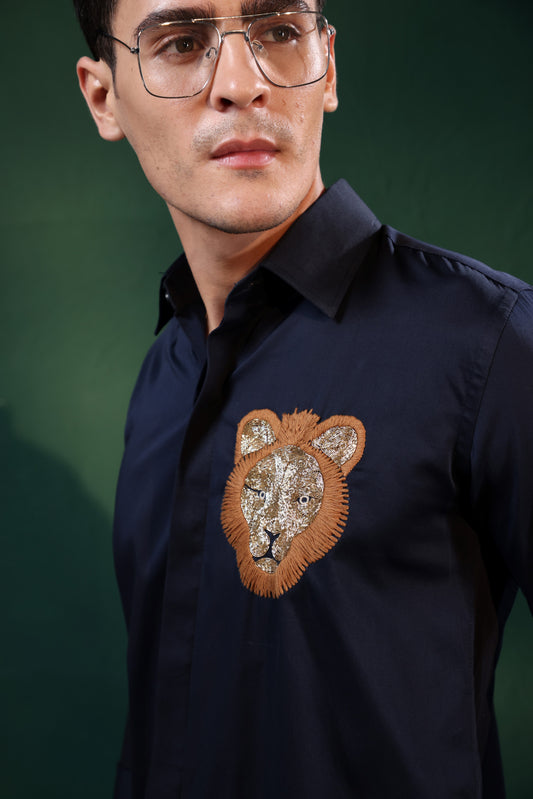"HAND MADE LION EMBROIDERY PARTY WEAR BLUE SHIRT"