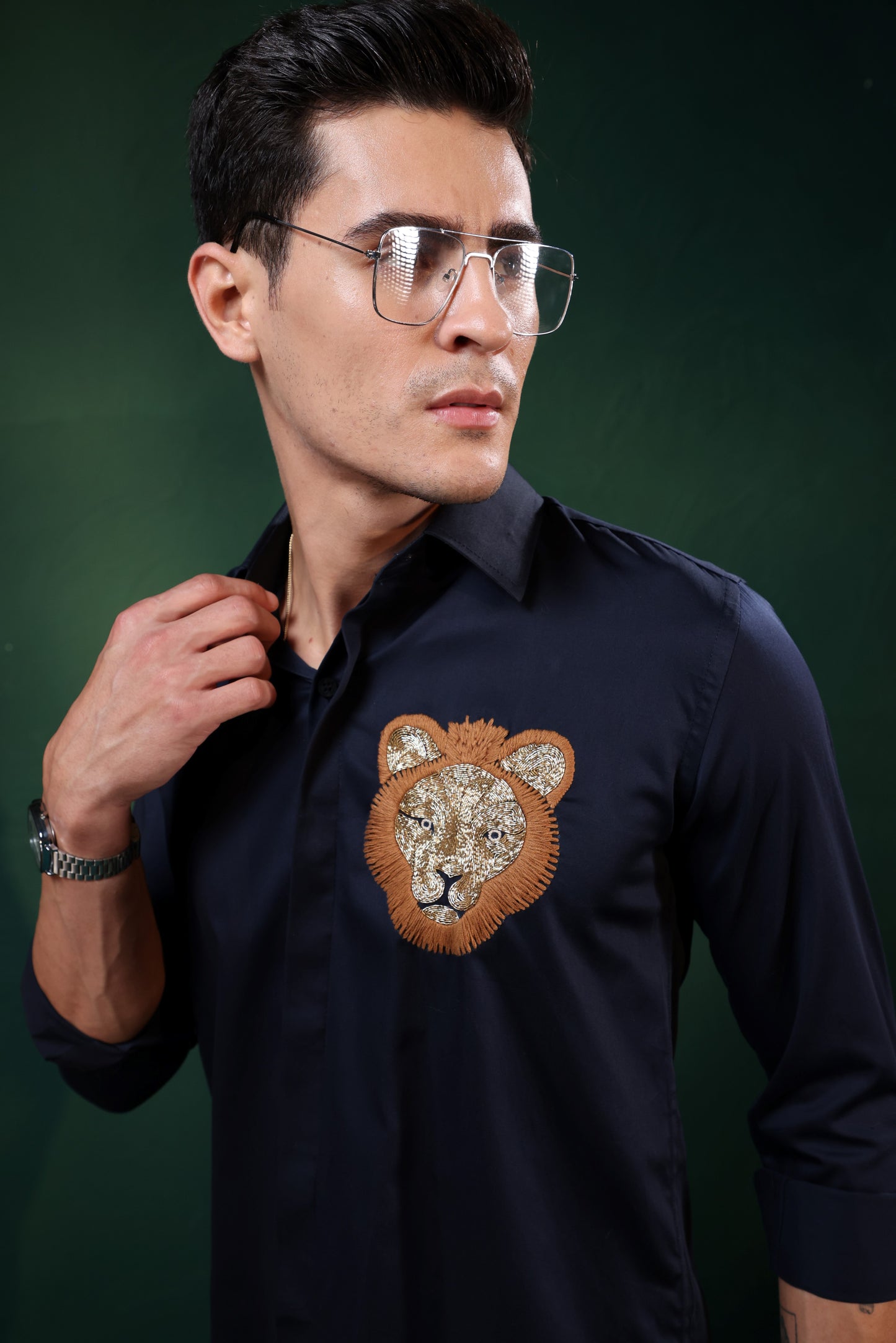 "HAND MADE LION EMBROIDERY PARTY WEAR BLUE SHIRT"