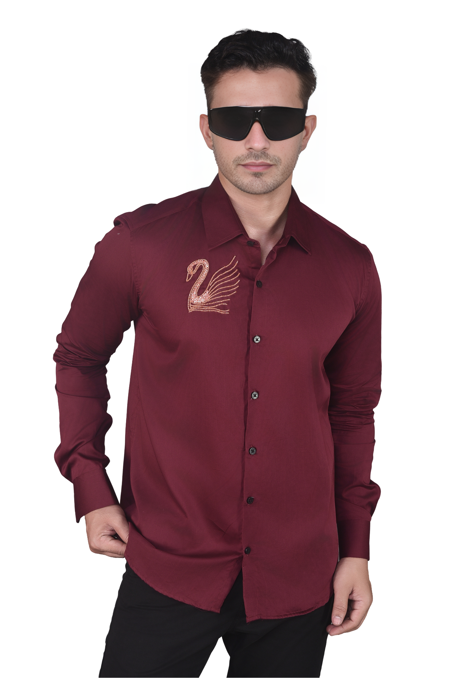 SWAN HAND EMBROIDERED ON A MAROON SHIRT