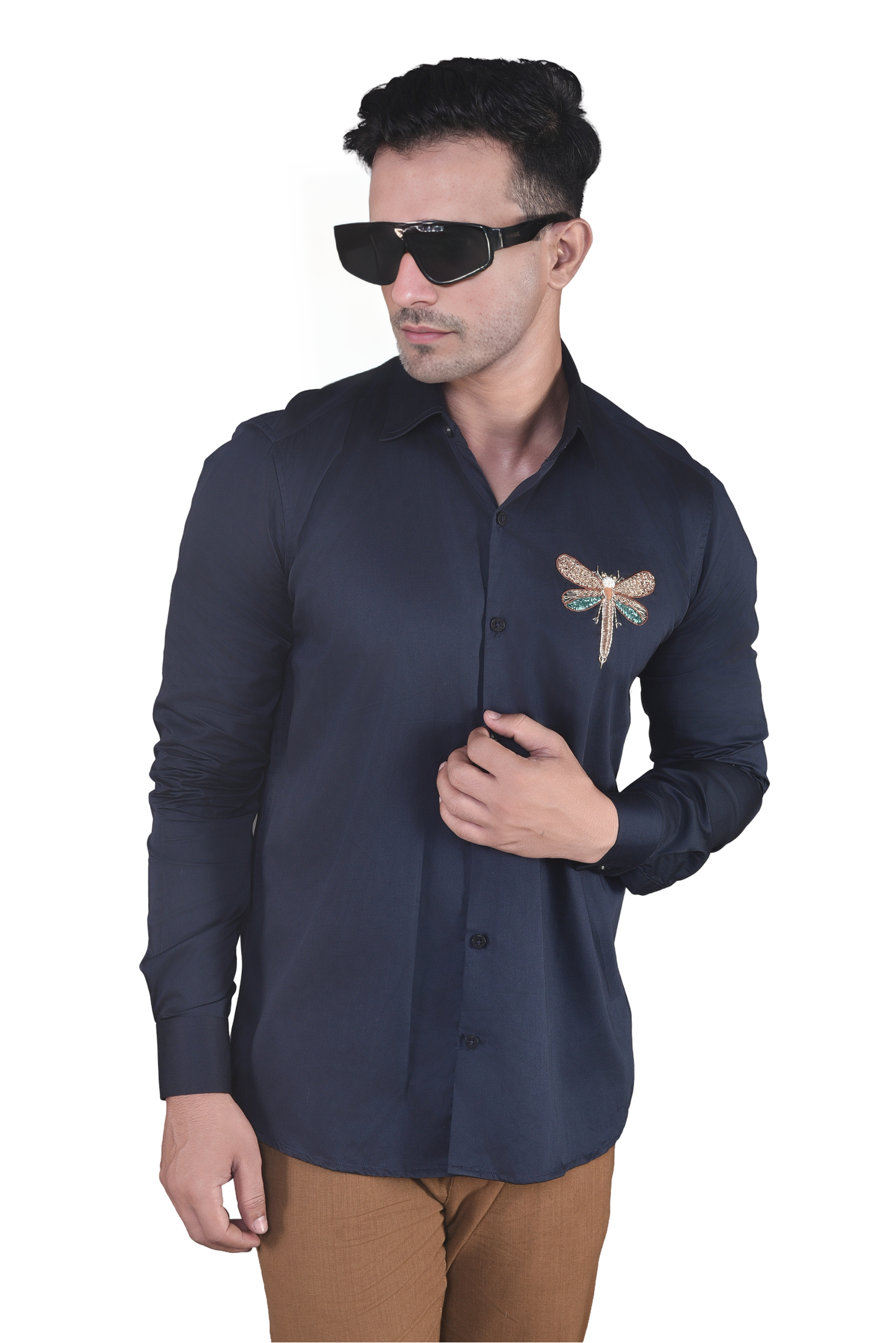 DRAGON FLY MULTICOLOURED EMBROIDERED IN NAVY BLUE SHIRT