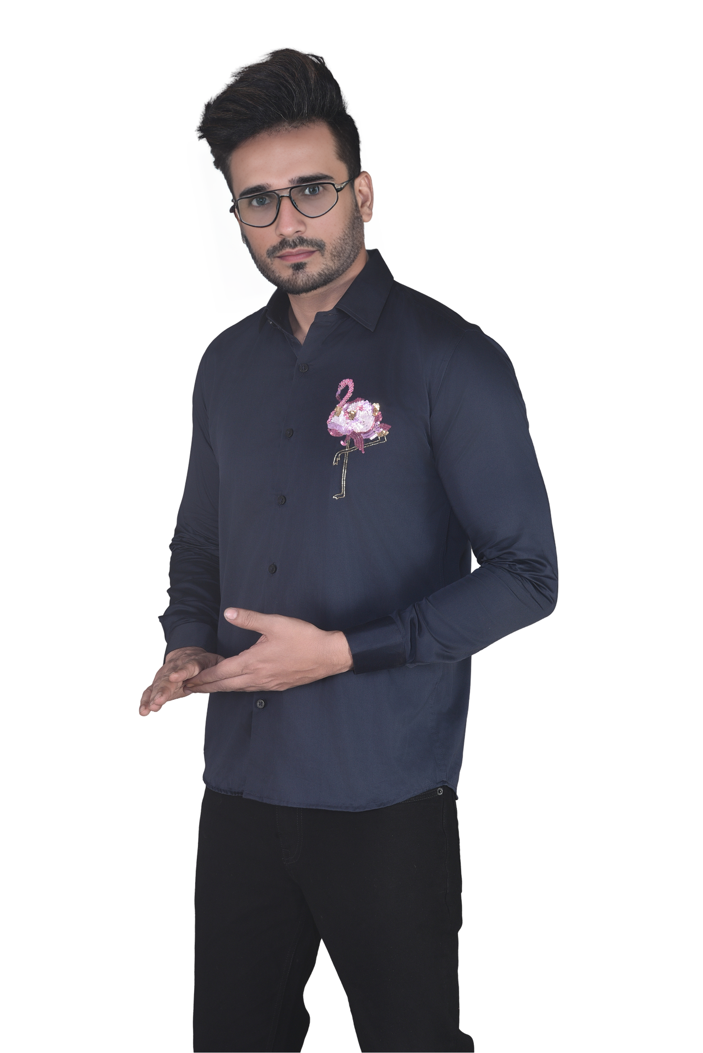 FLAMINGO EMBROIDERED IN NAVY BLUE