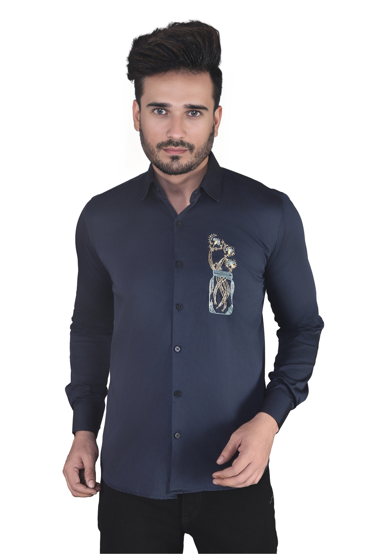 FLOWERS IN A JAR EMBROIDERED ON A NAVY BLUE SHIRT