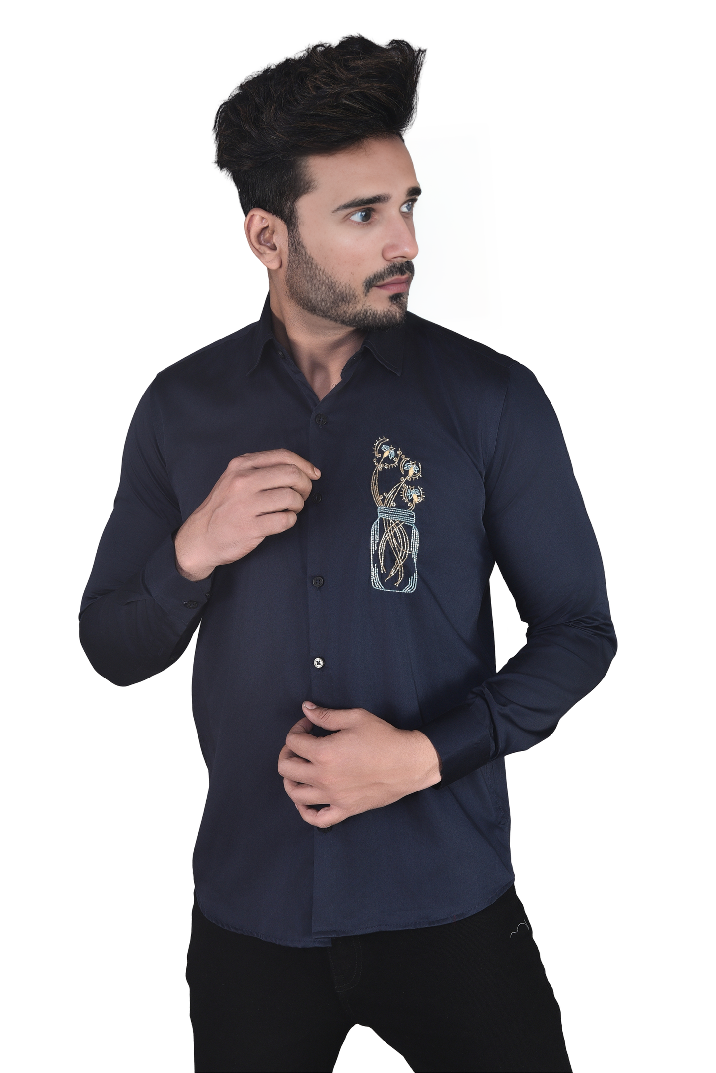 FLOWERS IN A JAR EMBROIDERED ON A NAVY BLUE SHIRT