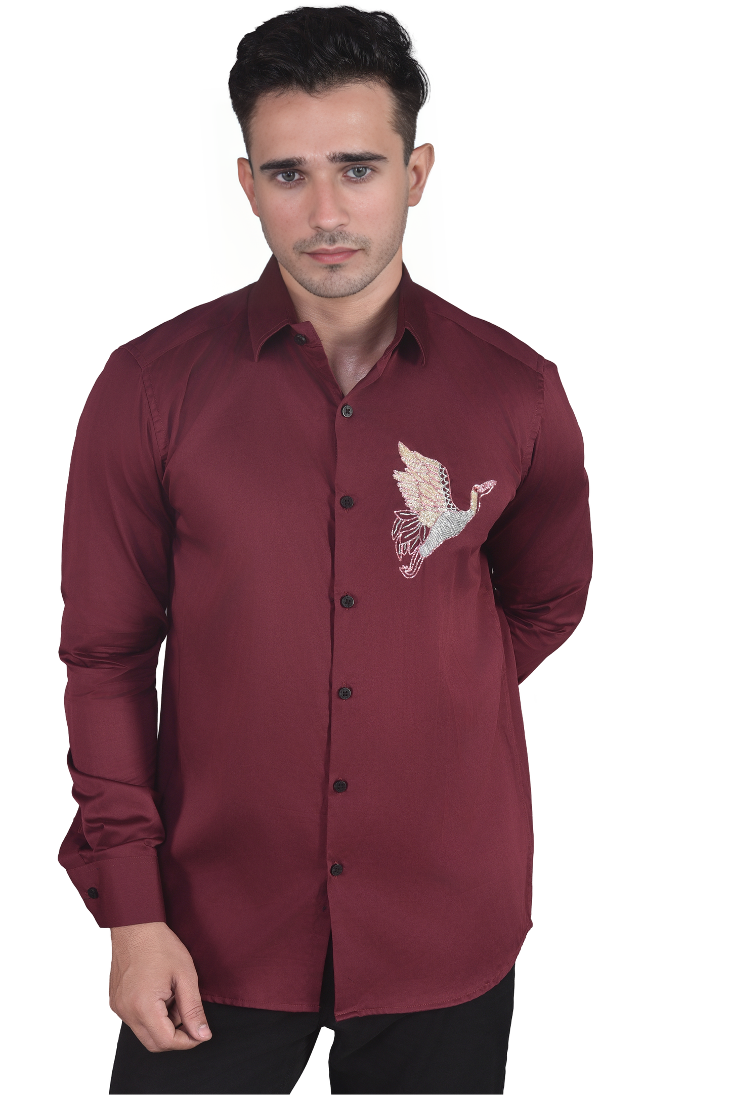 FLYING BIRD EMBROIDERED ON A MAROON SHIRT