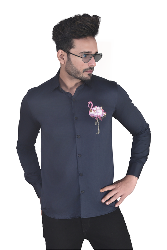 FLAMINGO EMBROIDERED IN NAVY BLUE