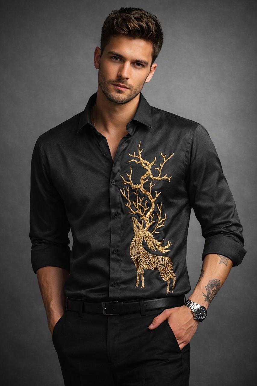A REINDEER HAND EMBROIDERED ON A BLACK SHIRT