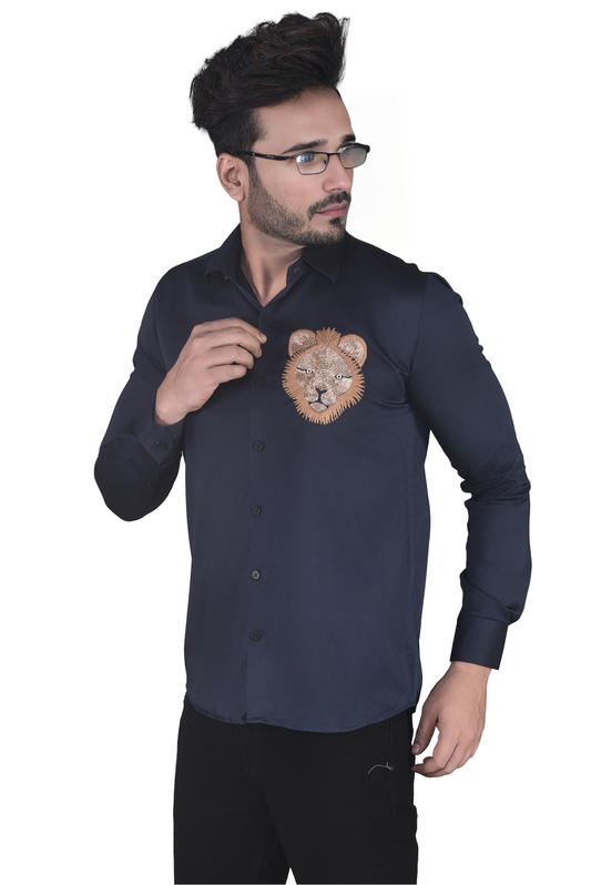 HAND MADE LION EMBROIDERY PARTY WEAR BLUE SHIRT