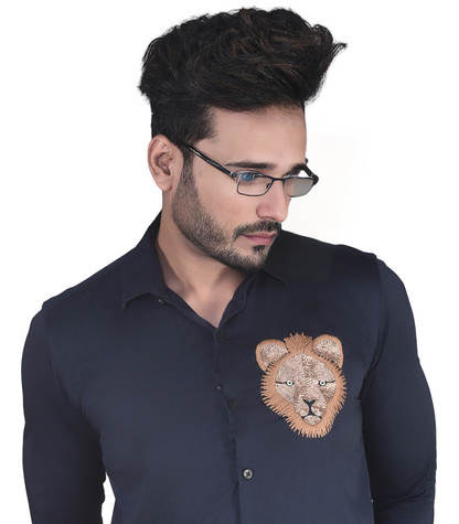 HAND MADE LION EMBROIDERY PARTY WEAR BLUE SHIRT