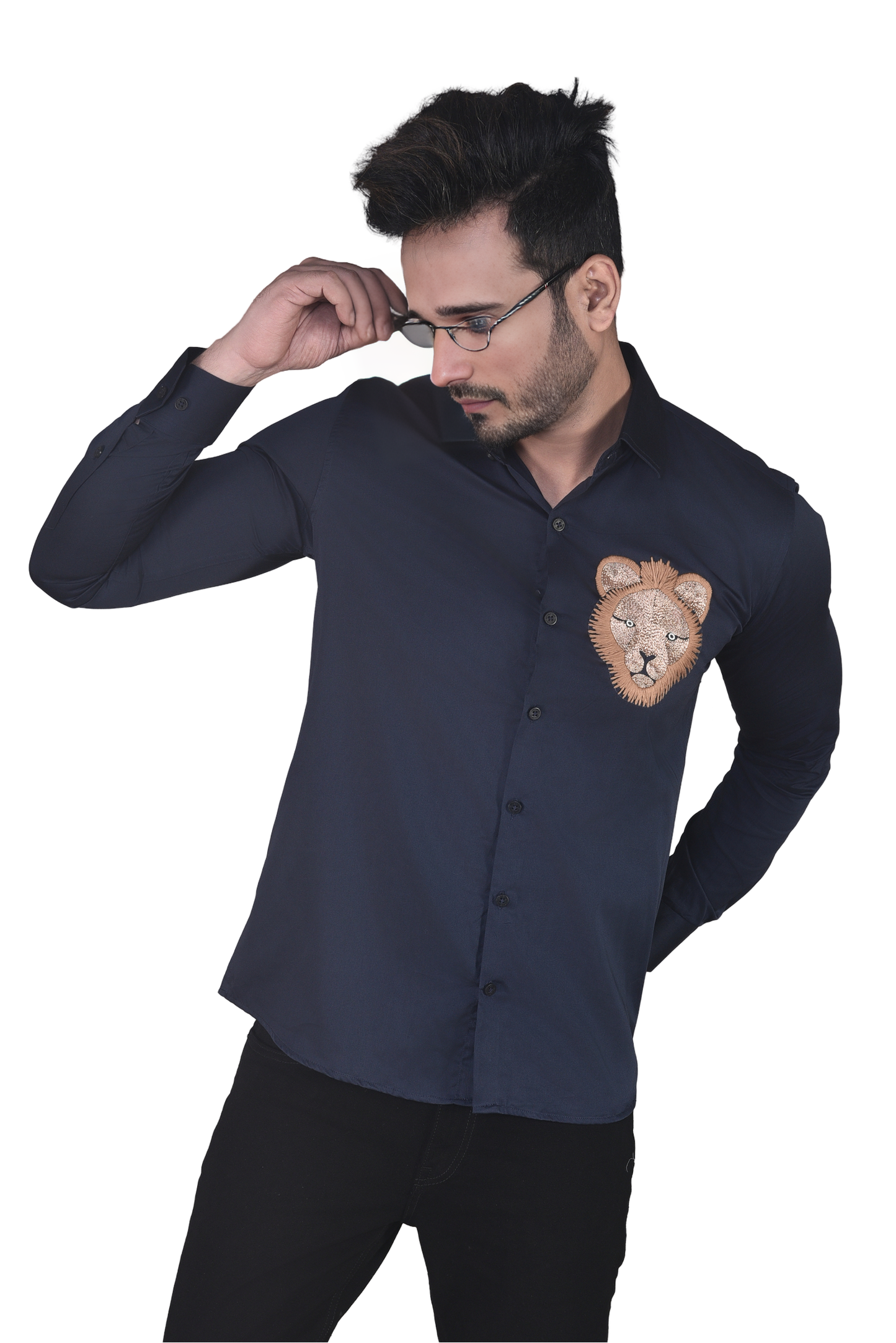 HAND MADE LION EMBROIDERY PARTY WEAR BLUE SHIRT