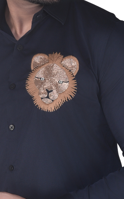HAND MADE LION EMBROIDERY PARTY WEAR BLUE SHIRT