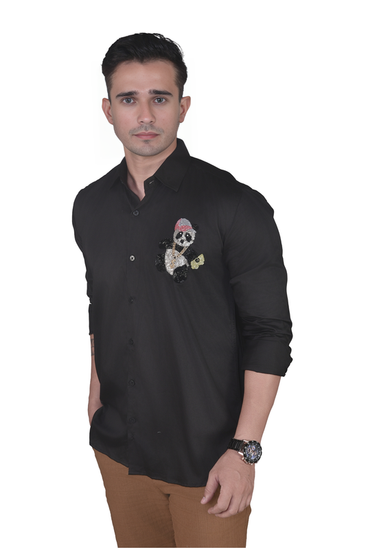 HAND MADE EMBROIDERY PANDA DESIGNED IN BLACK