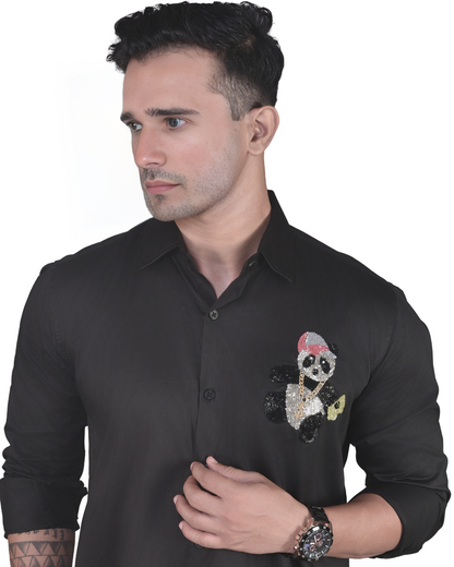 HAND MADE EMBROIDERY PANDA DESIGNED IN BLACK