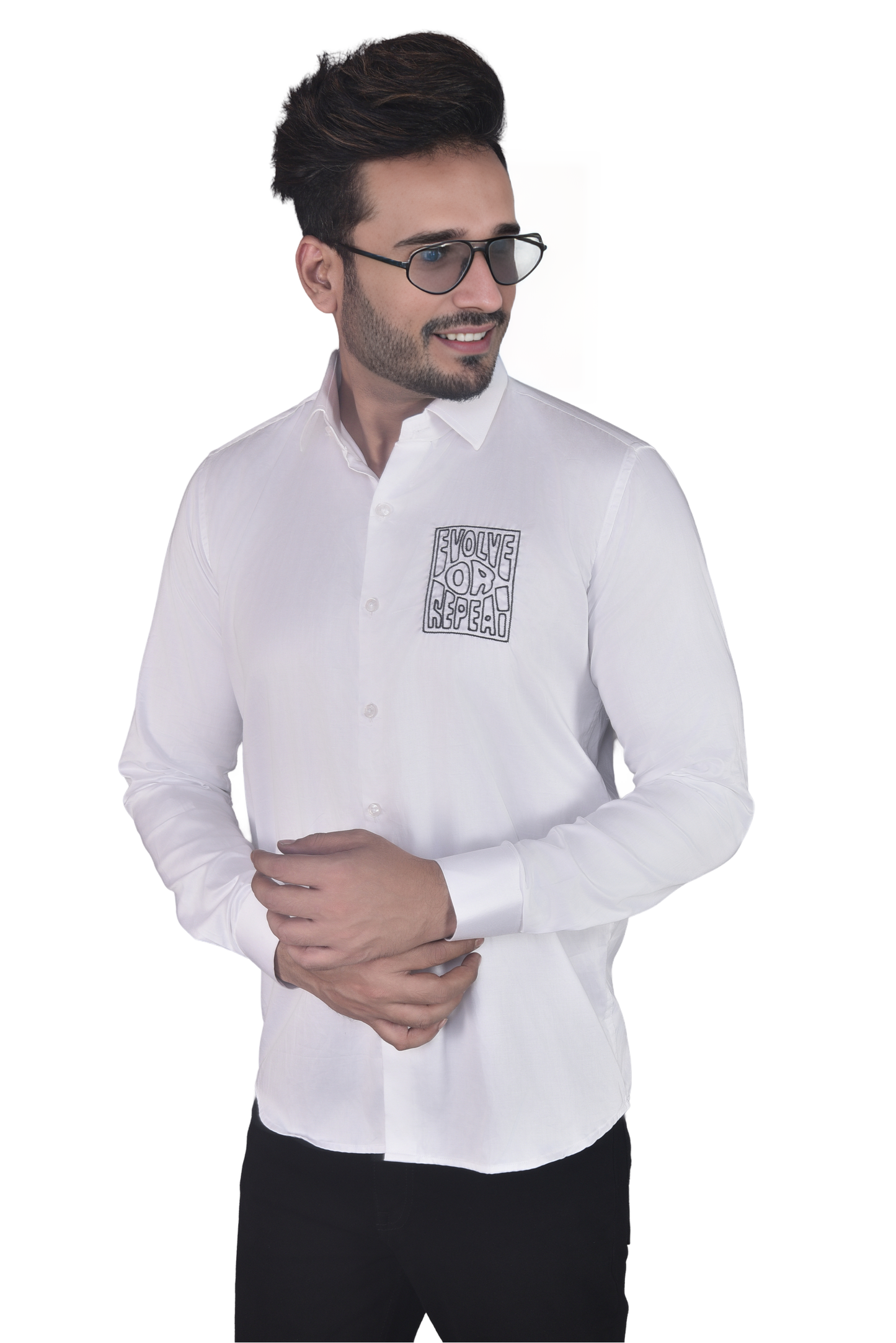 'EVOLVE OR REPEAT' HAND EMBROIDERED ON A WHITE SHIRT