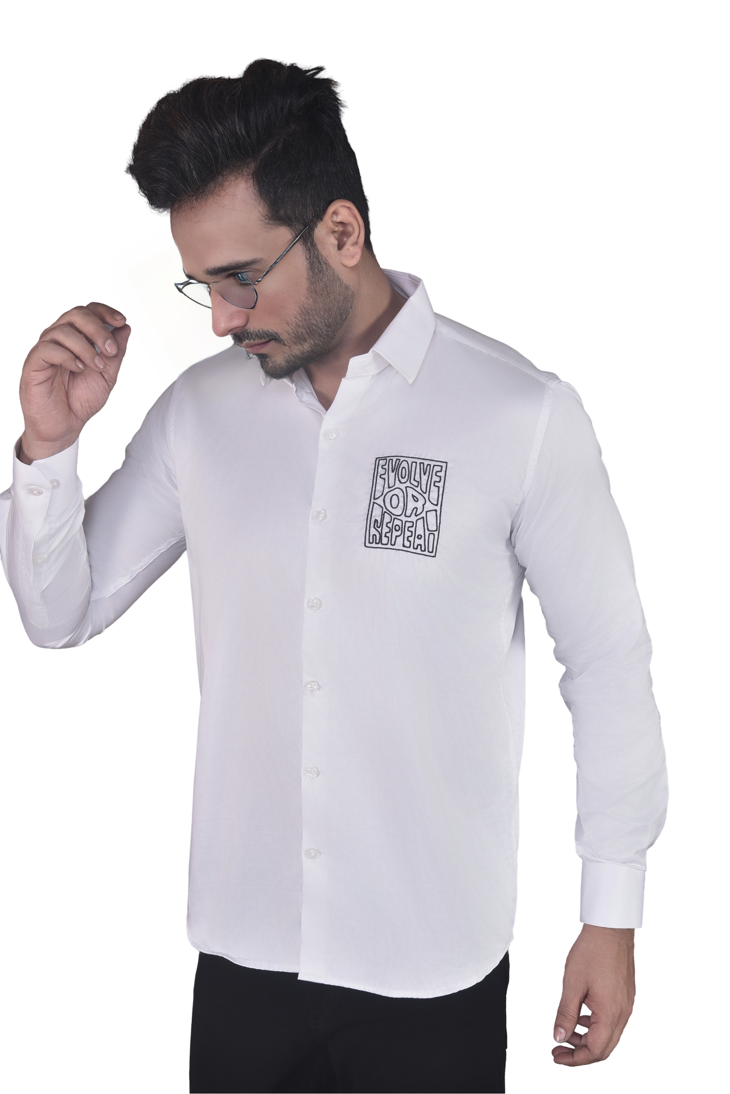 'EVOLVE OR REPEAT' HAND EMBROIDERED ON A WHITE SHIRT